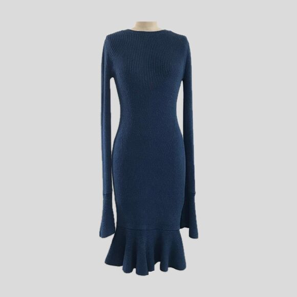 Intermix Blue Stretch Knit Long Sleeve High Neck Ruffle Midi Sweater Dress - S - Picture 1 of 9
